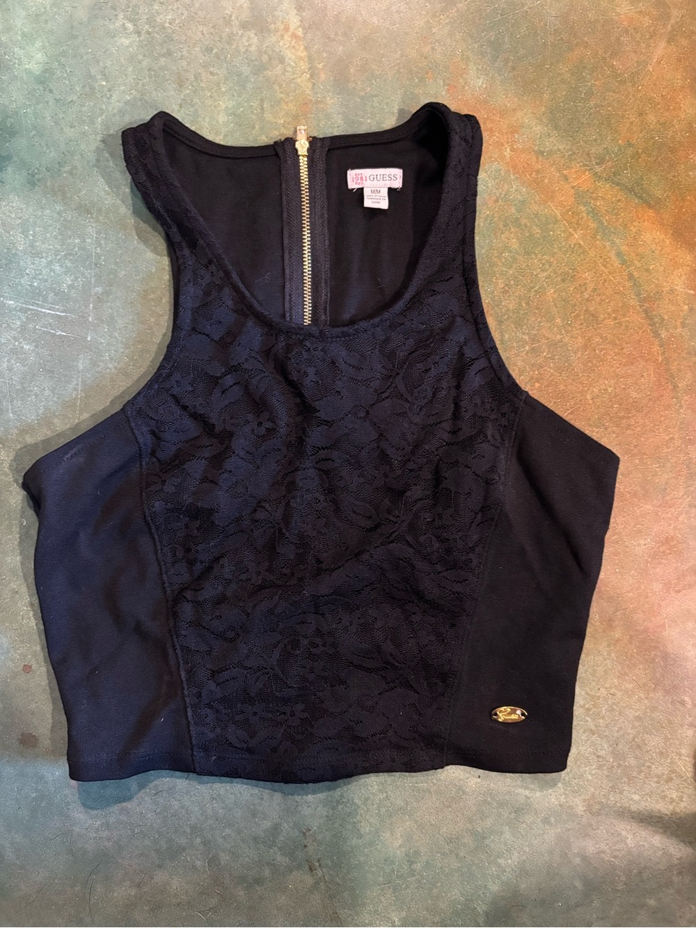 Guess Black Lace-Front Crop Tank with Gold Accent